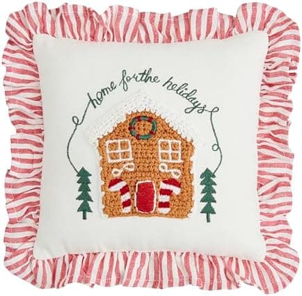Mud Pie Gingerbread House Mini Crochet Christmas Pillow, 8" x 8", White
