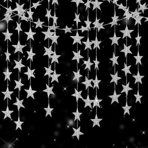 jijAcraft Glitter Silver Star Garland Decorations Hanging Garands Banner Backdrop, 2.7 inch Star Party Decoration for Birthday Baby Shower Wedding Kids Room Ramadan EID Graduation Decor (52 Feet)