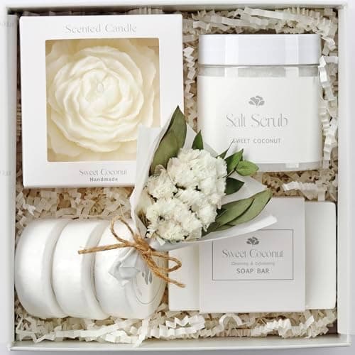 Spa Gift Box for Women – Sweet Coconut Candle Set, Ready to Gift Bath & Body Birthday Basket for Women, Small Handmade Vegan Luxury Self Care Box