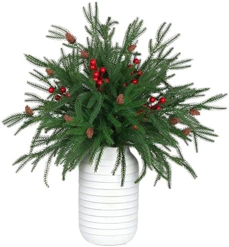 Abzo 30Pcs Christmas Norfolk Pine Branches 18 Inch Artificial Norfolk Pine Stems Realistic Artificial Green Pine Stems Christmas Decor DIY Crafts Garland Wreath Holiday Accessories