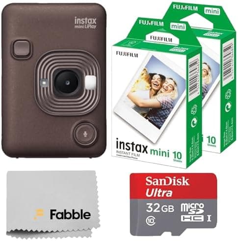 Fujifilm INSTAX Mini LiPlay Hybrid Instant Camera Bundle with 20 Sheets INSTAX Mini Film, 32GB microSD Card, USB Charging Cable, Hand Strap, Cleaning Cloth (Deep Bronze)
