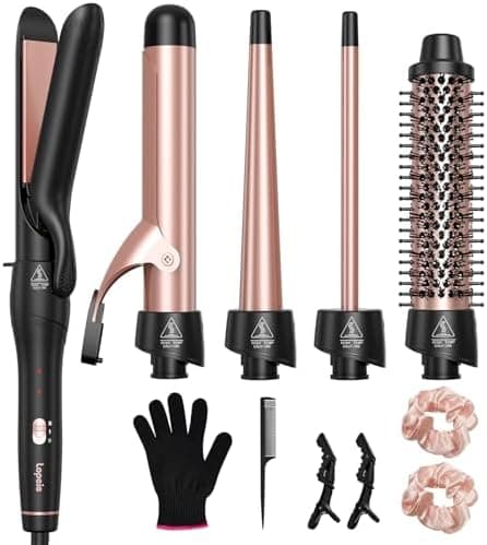Lopeie 5 in 1 Curling Iron with Thermal Brush and 4 Interchangeable Ceramic Barrels(1/2 to 1 1/2 inch), Curling Wand Set with Flat Iron, Fast Heating, Dual Voltage Hair Curler, Gifts for Women