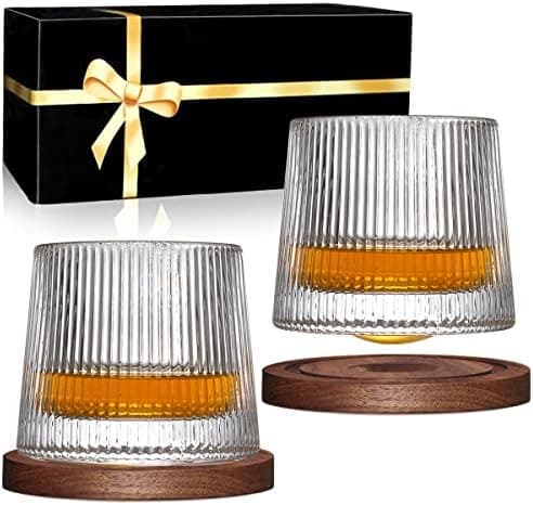 BOLESTA Whiskey Glasses Set of 2, Rotatable Tumbler Crystal Glass Cups, Drinking Glasses with 2Pcs Creative Walnut Coasters and Gift Box - for Scotch,Bourbon,Cocktails