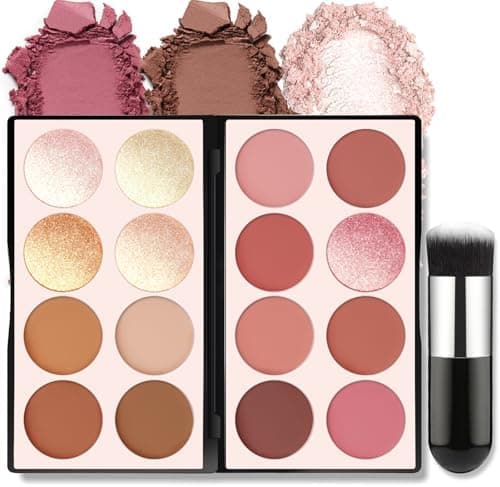 HOSAILY 16 Colors Blush Contour Highlighter Makeup Palette, All-in-One Shimmer Silky Matte Mineral Blush Powder Palette, Face Sculpting Bronzer Blusher Illuminator for a Natural Glowing