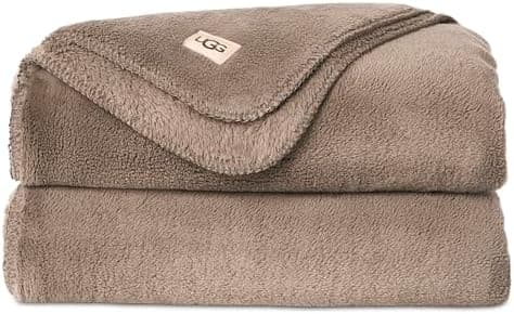 UGG Throw Blanket Fleece Lightweight Soft Cozy Throw for Bed or Chair, Luxury Home Decor, Giftable Christmas Blankets, Machine Washable, 50-inch x 70-inch, Light Fawn Brown