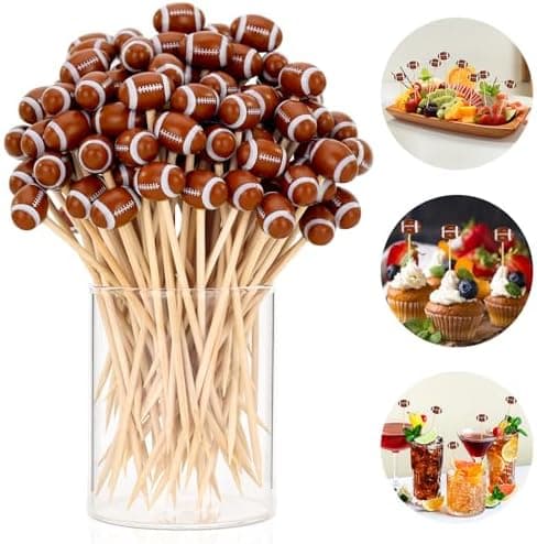 100 Pcs Football Toothpicks, 4.72 Inch Football Cocktail Picks for Appetizers, Long Bamboo Toothpicks, Decorative Toothpicks Skewers for Holiday Birthday Party Decorations (Football 3D)