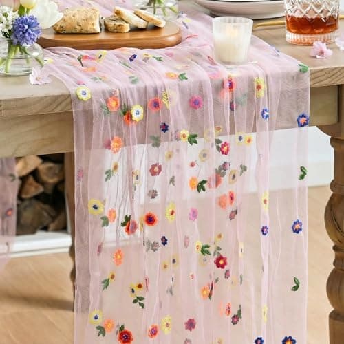 Artoid Mode Light Pink Wildflower Floral Gauze Embroidery Table Runner 120 Inch 10FT, Tulle Seasonal Spring Kitchen Dining Table Decor for Home Party