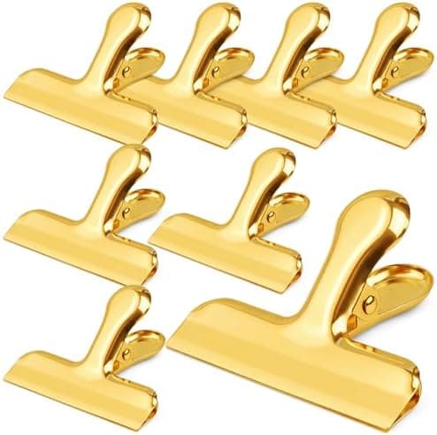 Funfery Chip Clips Bag Clips Gold Stainless Steel Clip for Food Storage,Air Tight Seal Chip Bag Clip 3 Inch Strong Food Clipp for Snack,Chips,Kitchen Decor,Home&Office Paper Heavy Duty-8 Pack