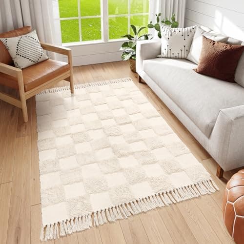 Lahome Checkered 4x6 Rug, Boho Area Rugs for Bedroom Living Room Aesthetic Washable Checkerboard Nursery Rug with Tassels, Farmhouse Non-Shedding Beige Throw Rug Floor Carpet for Bathroom Dorm