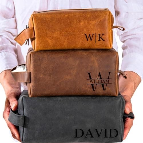 Personalized Leather Toiletry Bag for Men – Custom Shaving Dopp Kit with Name or Initial, Travel Gift for Groomsmen, Husband, Dad, Boyfriend, Birthday, Anniversary, Valentines Day Gifts for Men, Him