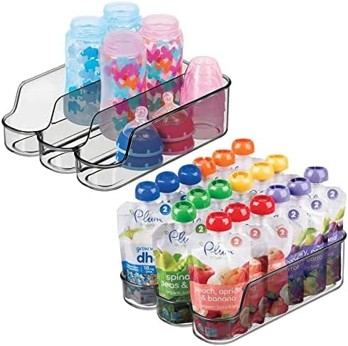 mDesign Small Plastic Kitchen Storage Divided Bin for Child/Kids Supplies - 3 Compartments to Organize Baby Food Jars, Pouches, Bottles, Sippy Cups, Cans, Pacifiers, Shampoo - 2 Pack - Smoke Gray