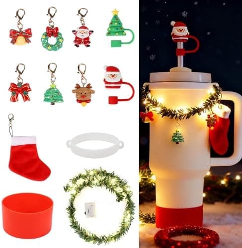 3tyto 12Pcs Stanley Cup Accessories Set Including Light Up Christmas Garland, Straw Toppers, Silicone Boot, Water Bottle Charm for Stanley Tumbler 40oz&30oz