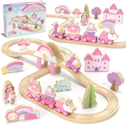 Lehoo Castle Wooden Train Set - Unicorn Train Set for Toddlers 2-4, Wooden Train Track Toddler Girl Toys, Pink Train Fantasy Toys for 3 4 5 6 7 Year Old Girl