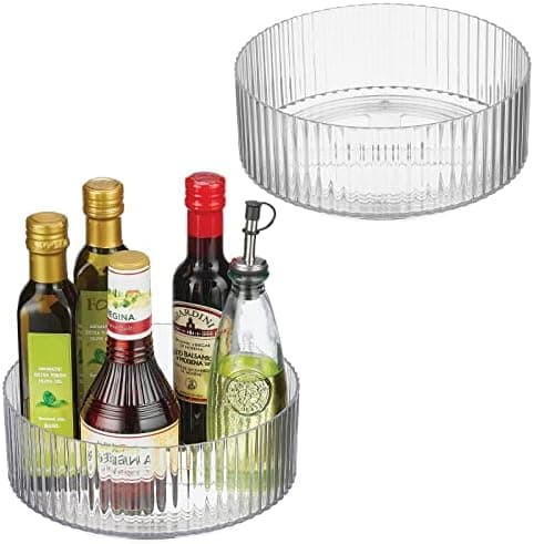 mDesign Fluted Lazy Susan Turntable Plastic Spinner for Kitchen and Bathroom Cabinet, Cupboard, Countertop Organizing, Rotating Organizer for Condiments, Jewelry, Accessories, 9" Round - 2 Pack, Clear