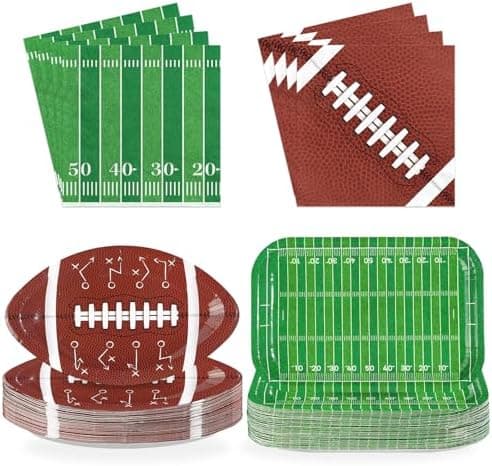 Greencian 200Pcs Football Party Decorations Football Paper Plates and Napkins American Rugby Touchdown Disposable Tableware for Sports Birthday Party Decorations
