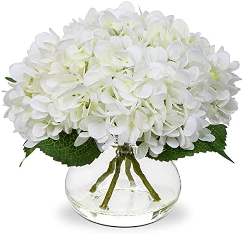 Hollyone Hydrangea Artificial Flowers with Vase White Silk Fake Flowers Arrangements in Glass Vase with Faux Water for Home Bathroom Office Table Centerpiece Shelf Decorations