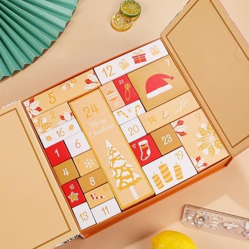 Christmas Advent Calendar with 24 Cardboard Treasure Boxes Empty Xmas Countdown Calendar to Fill Advent Calendar Storage Organizer DIY for Adults Kids Gifts Holiday Decoration (Gold)