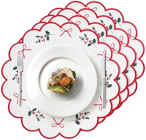 Christmas Placemats Set of 4, 15 Inch Round Scalloped Red Berry Bow with Embroidered Edge, Washable Heat Resistant Christmas Cotton Linen Table Mat for Xmas Winter Holiday Dinner Table Decor