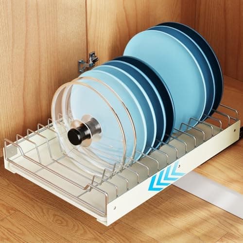 iSPECLE Plate Organizer - Peel & Stick Pot Lid Organizer, No-Drill Pull-Out Dish Rack, 13" Wide, 16.5" Deep