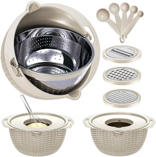 4-1 Colander with Bowl & Spoons Set - Rotatable Colander for kitchen with New Upgraded Graters, Food Strainer(Patented) for Pasta, Fruits, Vegetables, Funny Presents for Women, Beige