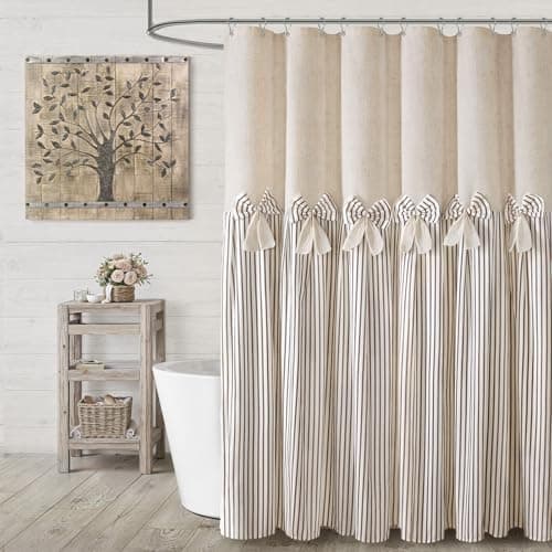 XOGUIBO Farmhouse Shower Curtain Linen Beige Bow Woven Fabric Country Rustic Western, Pleated Brown Stripe 72" W x 72" L