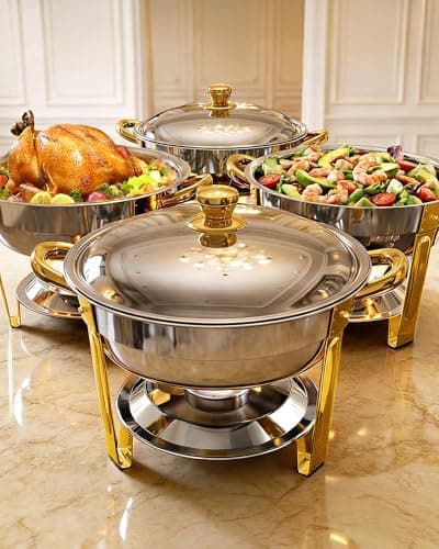 Chafing Dishes for Buffet 4 Pack, 6QT Round Chafing Dish Buffet Set Stainless Steel Buffet Food Warmers Sets for Catering Events Parties Dinners with Complete Set,Gold and Silver (4, Gold)