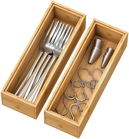 Bamboo Kitchen Drawer Organizer,Stackable Silverware Tray Utensil Organizer Cutlery Holder for Kitchen,Wooden Storage Box for Bathroom, Multi-Use Storage Bins Dividers for Office(9x3x2.5 inch)