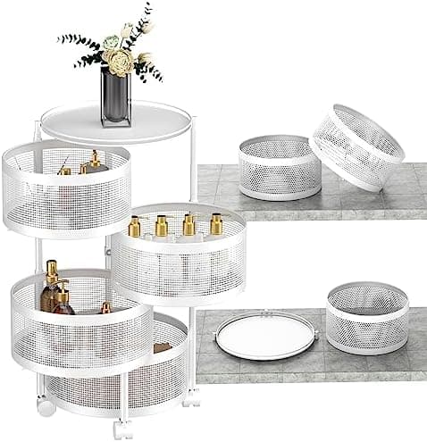 HOYRR Potato Storage Rotating Storage Rack, Fruit and Vegetable Storage with 360° Swivel Wheels, 4-tier Fruit Basket and Vegetable Storage Kitchen Storage Cart for Kitchen, White