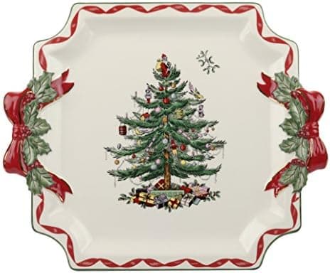 Spode Christmas Tree Ribbons Square Platter with Bow Handles - 11-Inch Holiday Serving Plate for Desserts, Appetizers, & Treats - Festive Christmas Dinnerware with Gold Accents - Dishwasher Safe