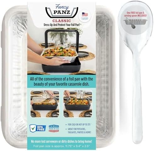 Fancy Panz - White Classic Aluminum Foil Pan Carrier with Lid - Elevated Food Serving Tray - Portable Casserole Carrier with Lid - Made in the USA Hosting Essentials