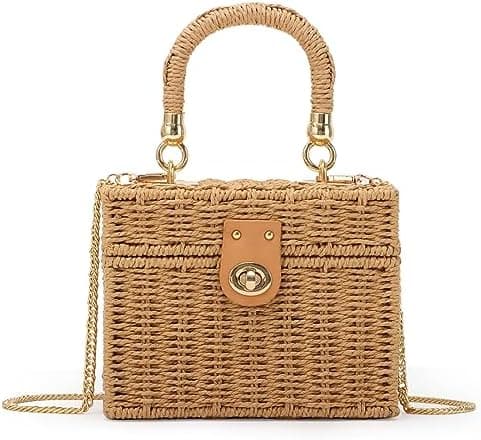 Fecialy Women Handwoven Rattan Handbag Beach Straw Tote Bag Square Boho Crossbody Bag