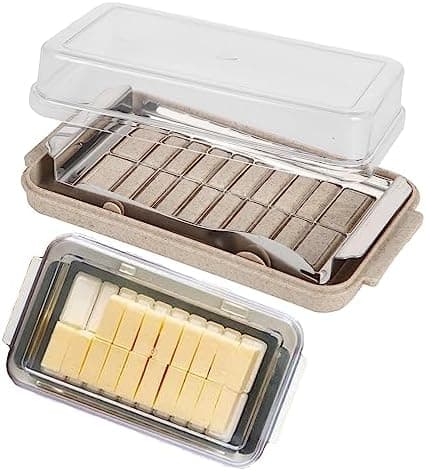 Donfafecuer Butter Slicer and Cutter - Stainless Steel, Plastic Butter Container with Knife and Lid, Small Container (Wheat Base Color)