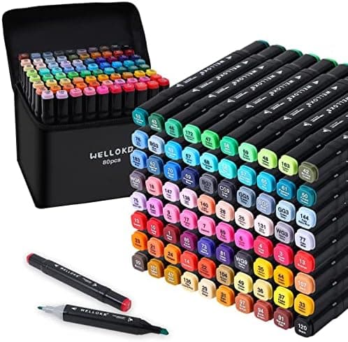 WELLOKB Alcohol Based Marker with Case, 80 Colors Dual Brush Tip Permanent Art Markers for Book Painting Card Making Coloring Illustrations Sketch, Christmas gift for Adults Kids 8-12