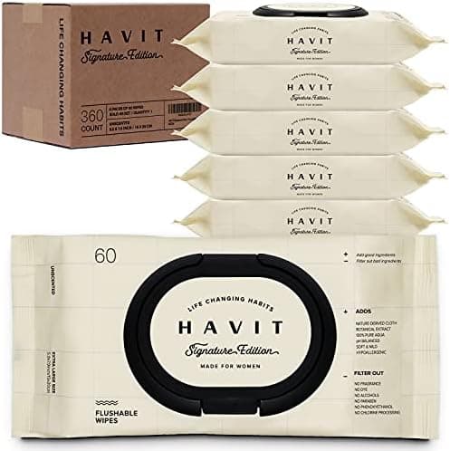 HAVIT Signature Edition Flushable Wipes for Women, Plant-Based Cloth with Natural Pulp, Plantago Asiatica Extracts, 360 Coutns (60 Cloth of 6 Packs)