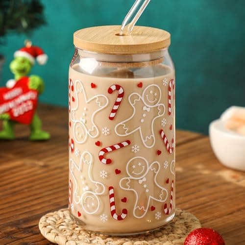 Christmas Glass Cups 16oz Iced Coffee Cups with Lids and Straws Drinking Glasses Cups Decor Glass Water Bottles Gift for Women Kids Men Cute Drinking Can Jar, Tumbler, Beer Can Gifts