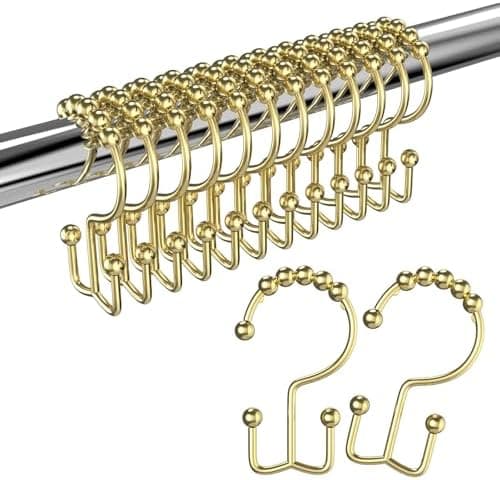 BATHDESIGN Shower Curtain Hooks Rings, Rust Proof Stainless Steel Shower Curtain Hooks Double Sided for Bathroom Shower Rods Curtains, Set of 12, Gold