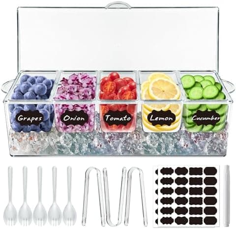 MHEOMTME Chilled Condiment Server Tray, Bar Fruit Caddy with Lid and 5 Removable Compartments, Clear Ice Condiment Serving Tray for Party, Toppings Bar Container, Garnish