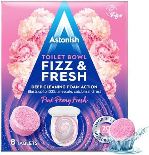Astonish Foaming Pink Peony Toilet Bowl Cleaner - Deep Cleaning Limescale, Calcium & Rust - No Bottle, Removes Hard Stains - Box of 8 Tablets