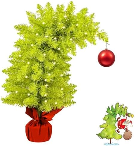2 FT Whimsical Christmas Tree,Lime Green Bendable Christmas Tree,Branch Artificial Christmas Tree with Ball Ornaments and Cement Base Holiday Decor Perfect for Home Office Party Decor (2 FT)