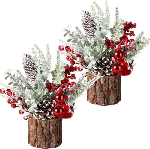 Hatisan Small Christmas Tree with Christmas Ornaments Pine Cone Berry, Tabletop Artificial Christmas Tree for Christmas Decorations Home Room Party Winter Indoor Outdoor(2 Pack Red-Round)