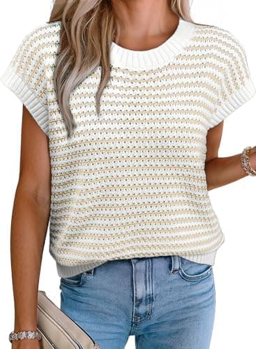 EVALESS Women's Sweater Vest Striped Pullover Tank Top Round Neck Cap Sleeve Lightweight 2026 Summer Casual Clothes