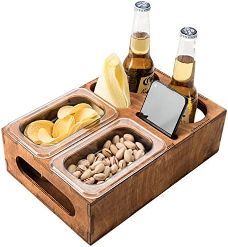 Wood Beer Box - Gift for Beer Lovers, Dad, Man, Him, Boyfriend- Drink Box Snacks Tray- Table Stand Caddy with slots for glasses, chips, nuts- Couch Organizer for Beverages, Remote Control, Phone stand