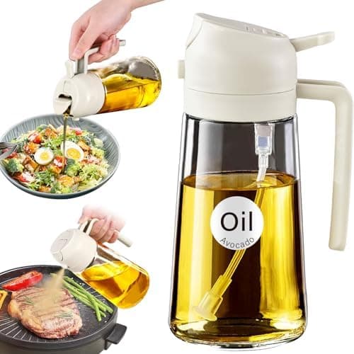 YARRAMATE 16oz/470ml Glass Olive Oil Sprayer for Cooking with Stickers, 2 in 1 Oil Dispenser for Kitchen Gadgets, Food Grade Premium Spray Bottle for Salad, Frying, BBQ (Creamy White)