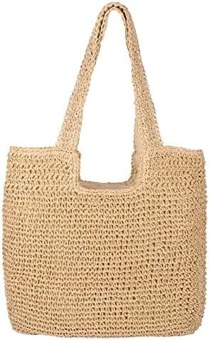 AnChang Straw Beach Bag Large Beach Bags for Women Foldable Straw Bag With Zipper Summer Woven Tote Bag Shoulder Vacation Handbag
