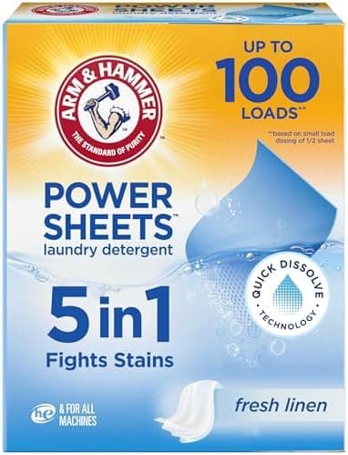 Arm & Hammer Power Sheets Laundry Detergent, Fresh Linen 50ct, up to 100 Small Loads (Packaging may vary)