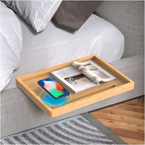 Brand Bamboo Bedside Shelf with Hidden Wireless Charger for Bed, College or Dorm - Slides Under Mattress, Fits Both Standard and Bunk Beds