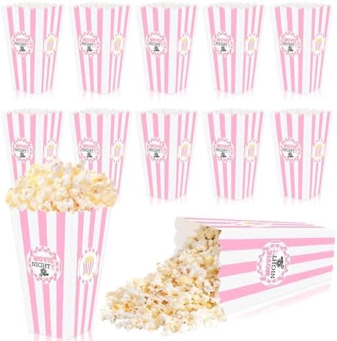 K KUMEED 20 pcs Movie Night Large Popcorn Favor Boxes, 7.8 Inches Tall Pink & White Striped Popcorn Bowls for Movie Theme Party Supplies