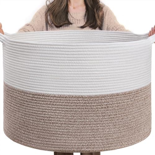 INDRESSME XXXLarge Blanket Basket for Living Room 21.7" x 21.7" x 13.8"-Storage Basket with Handle for Organizing Toy Pillows Woven Cotton Rope Laundry Basket Stuffed Animal Toy Storage for Play Room