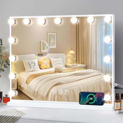 COOLJEEN Hollywood Vanity Mirror with 15 Dimmable Bulbs and USB Charging Port, 3 Color Lighted Makeup Mirror with 10X Magnification, Tabletop