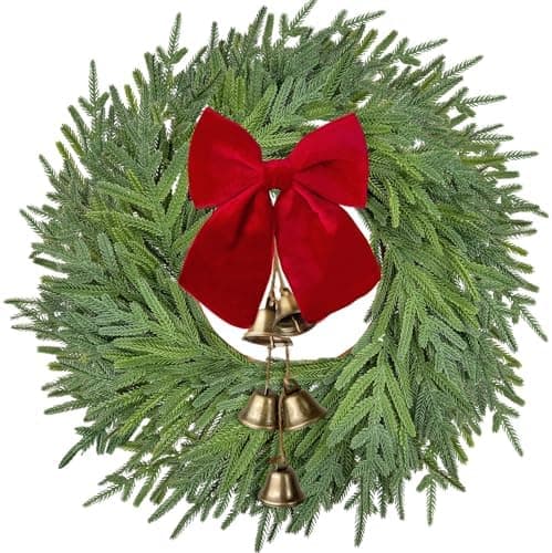 22 inch Norfolk Pine Wreath with Bow and Bell,Christmas Wreaths for Front Door,Artificial Real Touch Wreath for Door Wall Windows Mantle Outdoor Christmas Decoration